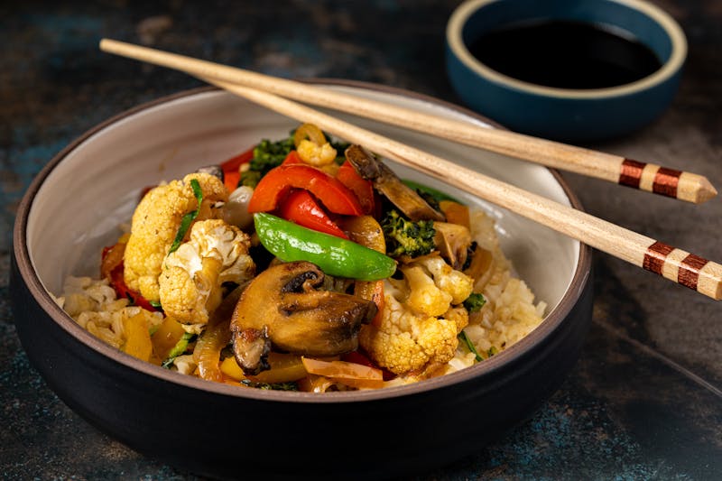 Veggie and Feta Bowl with roasted vegetables and rice
